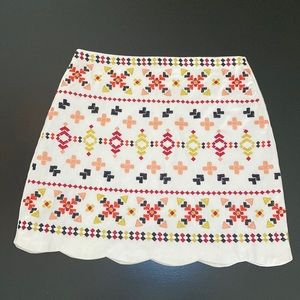 Francesca’s White Scallop Edge Mini Skirt with Multicolor Stitching